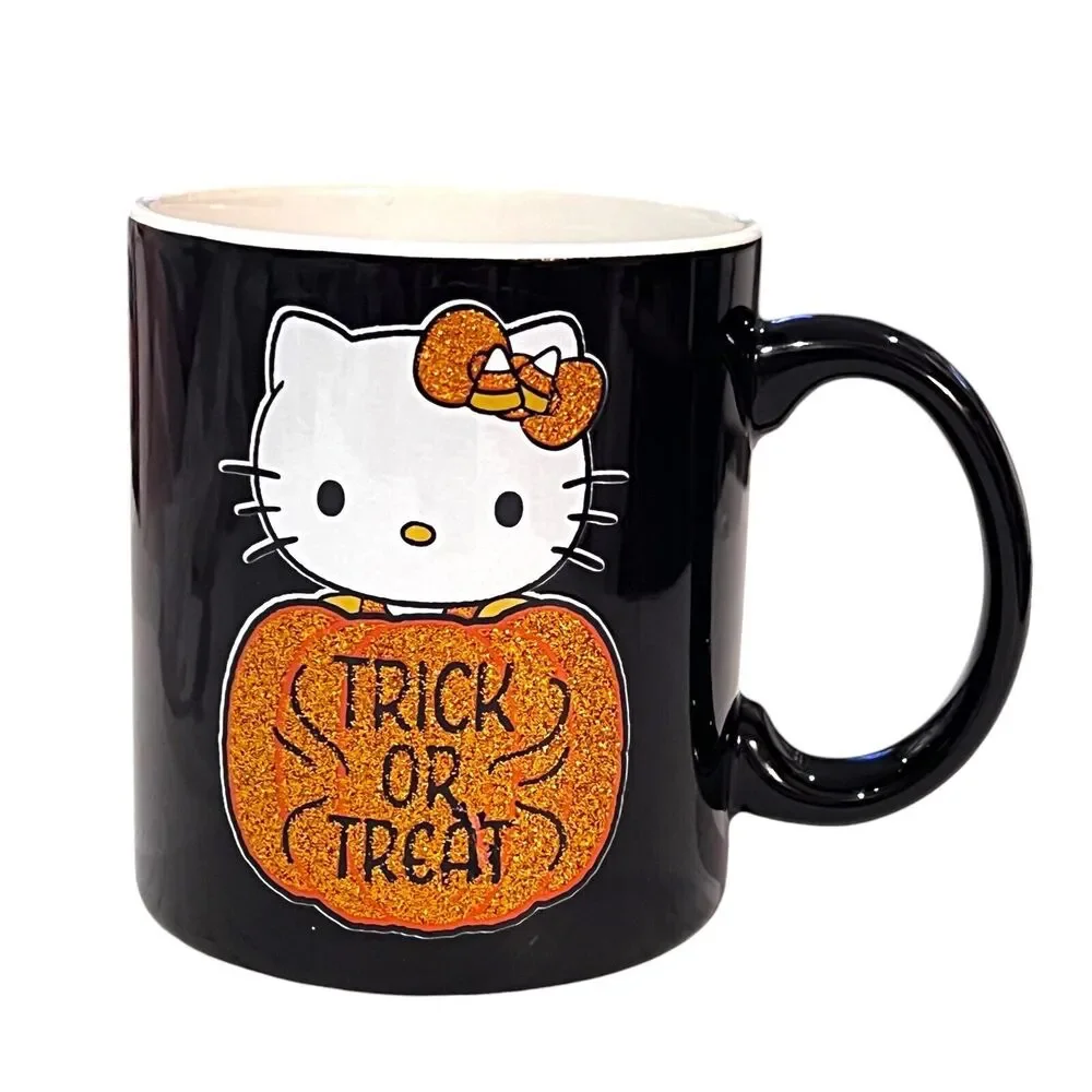 Sanrio Hello Kitty Halloween Black Glitter Pumpkin TRICK OR TREAT  Mug 20oz NEW